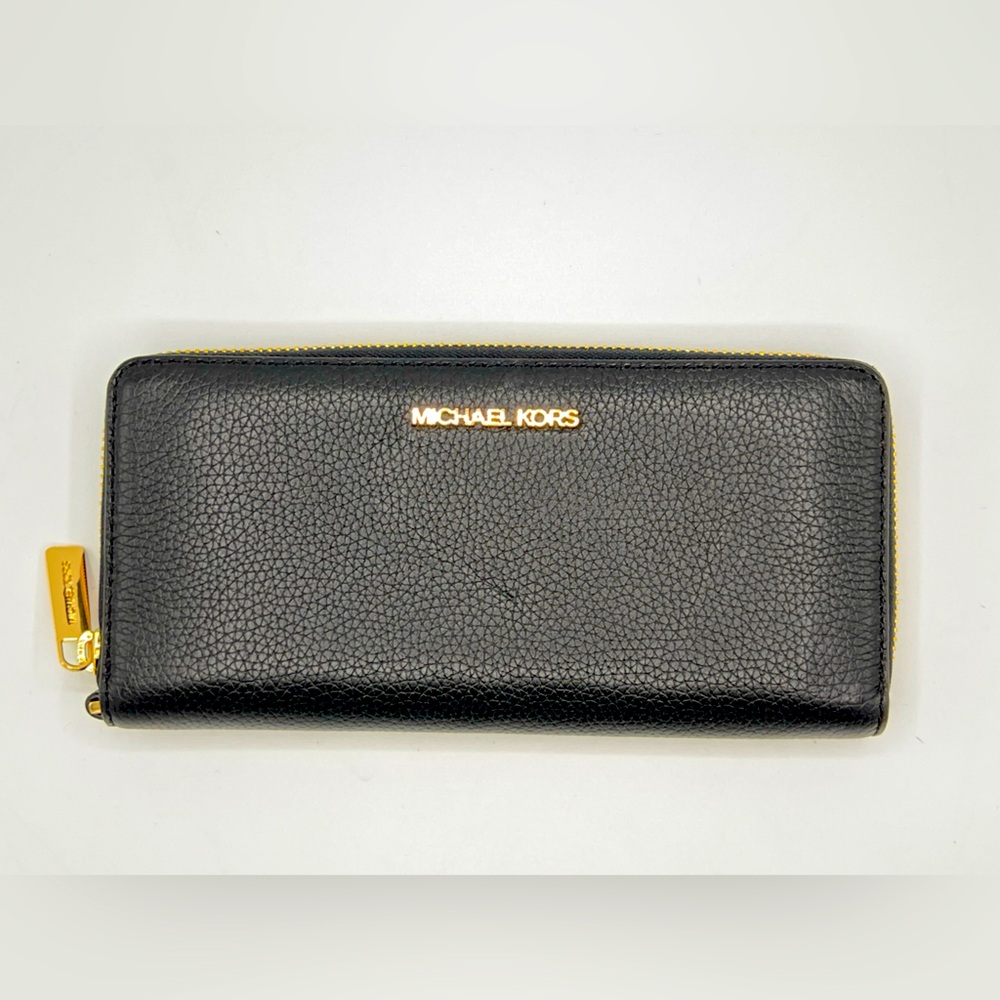 Michael Kors Black Leather zip around Wallet - Black/Gold Accents